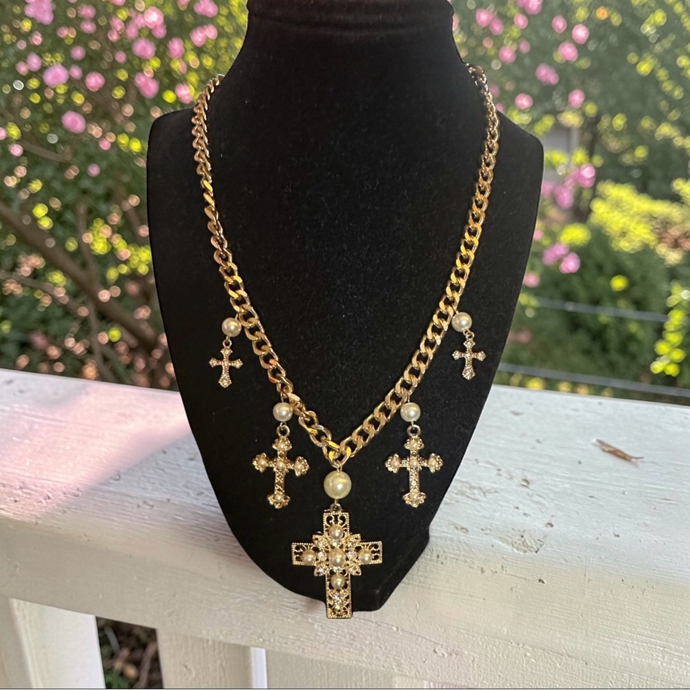 Charms and Pendant Gold Tone Cross Necklace